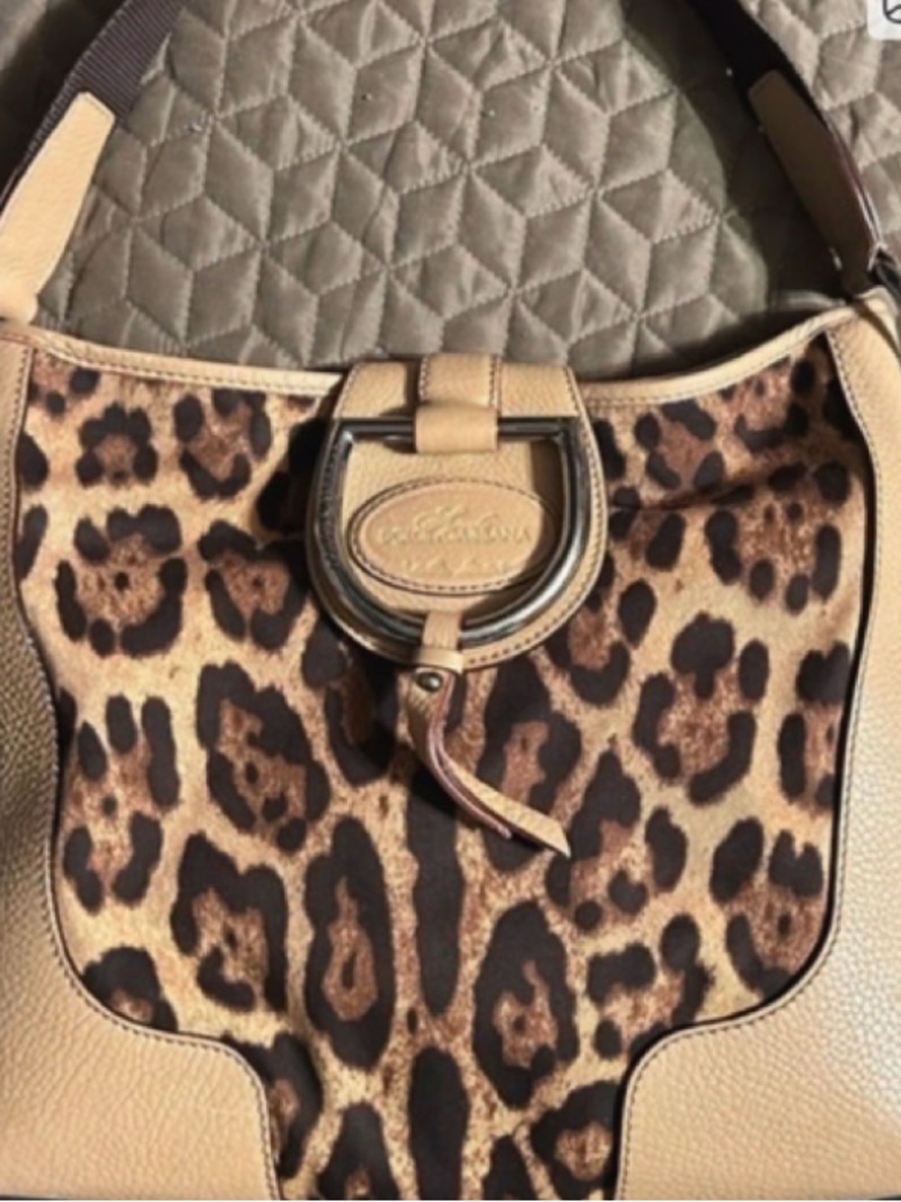 Authentic Dolce & Gabbana Leopard-Print Shoulder Bag w/Tan Pebble Leather Trim